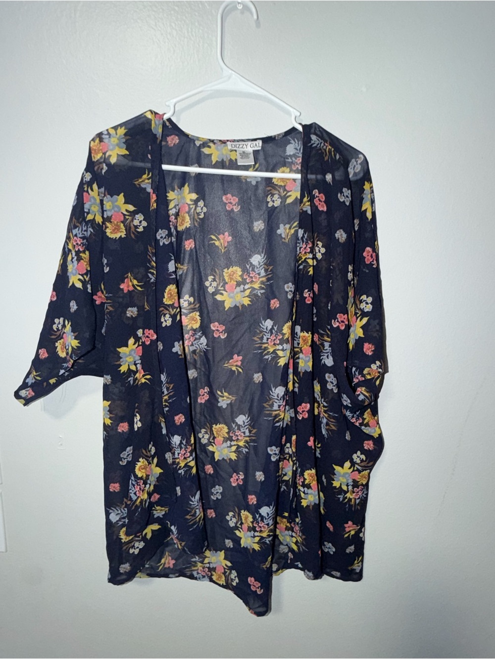 Dizzy Gal Navy Floral Sheer Kimono with Yellow & Pink Blooms